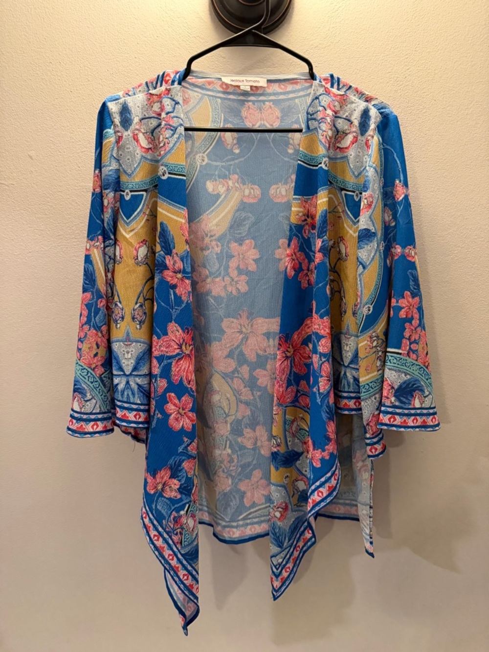 Jealous Tomato Blue Floral Paisley Open Front Kimono Cardigan Handkerchief Hem S